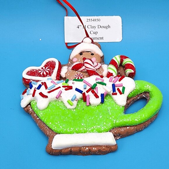 Gingerbread Man in Green Cup Ornament Clay Dough Faux Cookie Fake Bake Xmas v3 - Picture 5 of 9